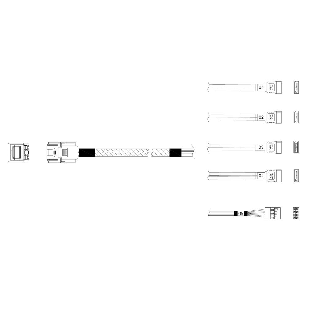 Кабель Miradeed  MD-6715030,  HDmSAS SFF8643 -to- 4*SATA + SideBand, 12G, 85 Ohm, 100cm