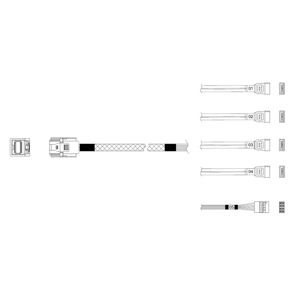 Кабель Miradeed  MD-6715032, HDmSAS SFF8643 -to- 4*SATA + SideBand, 12G, 85 Ohm, 60cm