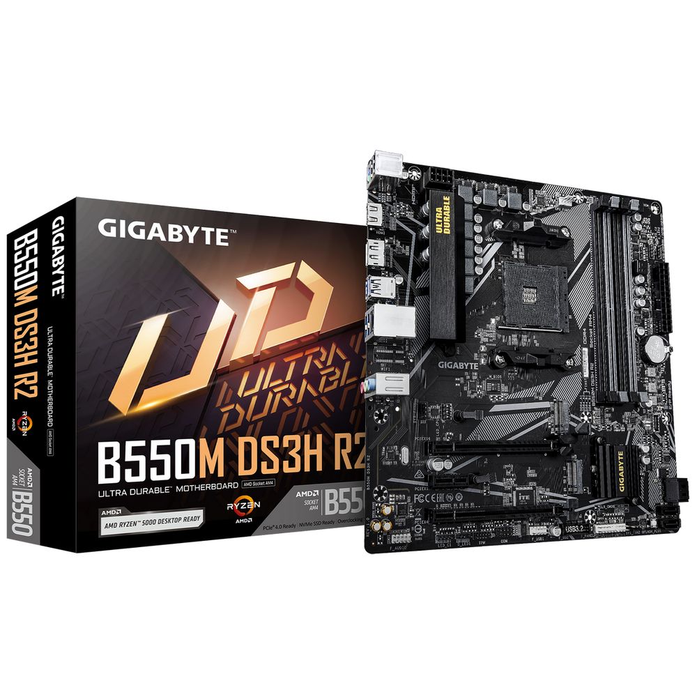 Материнская плата Gigabyte Bad Pack B550M DS3H R2, Socket AM4, AMD B550, 4xDDR4-3200, HDMI+DP, 2xPCI-Ex16, 1xPCI-Ex1, 4xSATA3(RAID 0/1/10), 1xM.2, 8 Ch Audio, GLan, (2+4)xUSB2.0, (4+2)xUSB3.2, (0+1)xUSB3.2 Type-C™, 1xPS/2, mATX, RTL bp