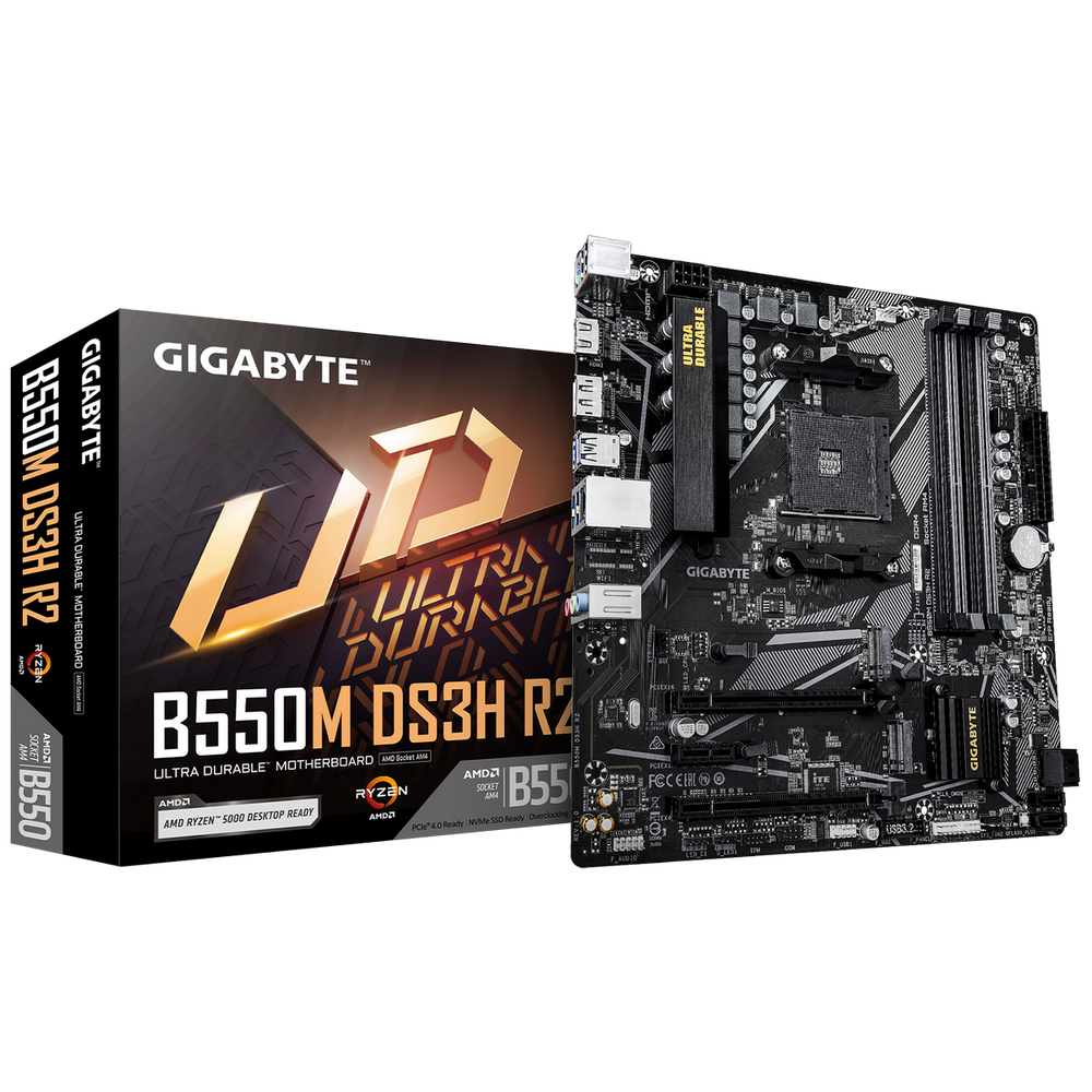 Материнская плата Gigabyte Bad Pack B550M DS3H R2, Socket AM4, AMD B550, 4xDDR4-3200, HDMI+DP, 2xPCI-Ex16, 1xPCI-Ex1, 4xSATA3(RAID 0/1/10), 1xM.2, 8 Ch Audio, GLan, (2+4)xUSB2.0, (4+2)xUSB3.2, (0+1)xUSB3.2 Type-C™, 1xPS/2, mATX, RTL bp