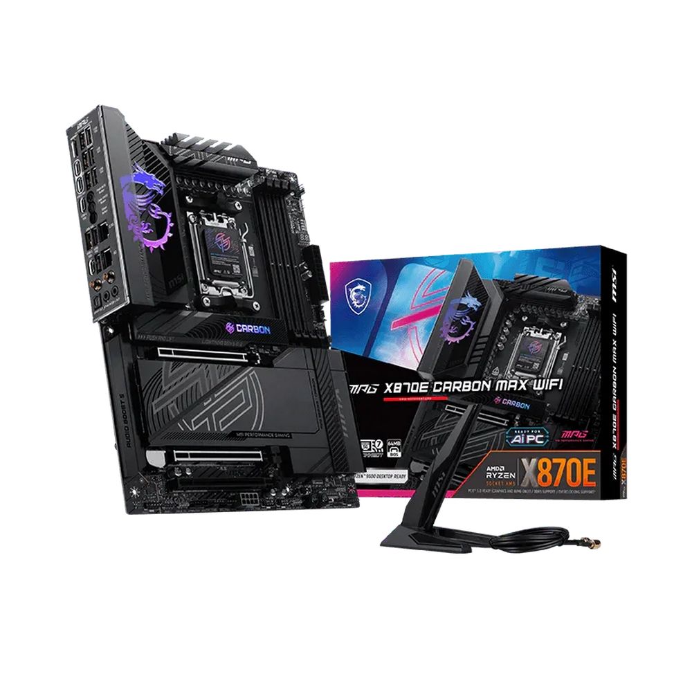 Материнская плата MSI MPG X870E CARBON MAX WIFI X870E, AM5, 4*DDR5, 3*PCIEx16, 4*M.2, 3*TypeC, 9*USB3.2Gen2, 4*USB3.2Gen1, 4*USB2.0, 4*SATA3.0, 5G, 2.5G, 2*Type-C(DP), HDMI, ATX, RTL