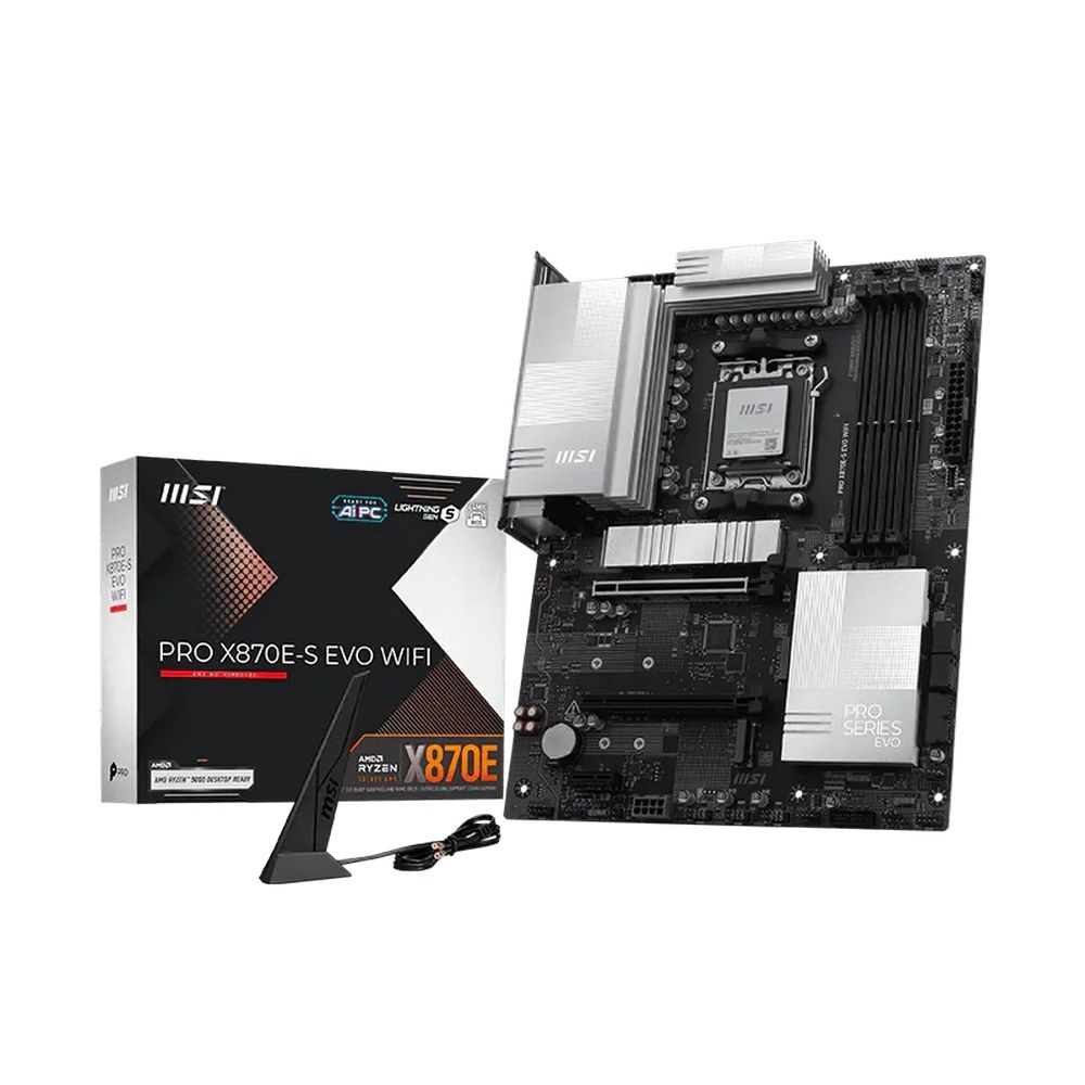 Материнская плата MSI PRO X870E-S EVO WIFI X870E, AM5, 4*DDR5, 2*PCIEx16, 1*PCIEx1, 3*M.2, 2*TypeC, 2*USB3.2Gen2, 6*USB3.2Gen1, 10*USB2.0, 4*SATA3.0, 5G, 1*Type-C(DP), HDMI, ATX, RTL