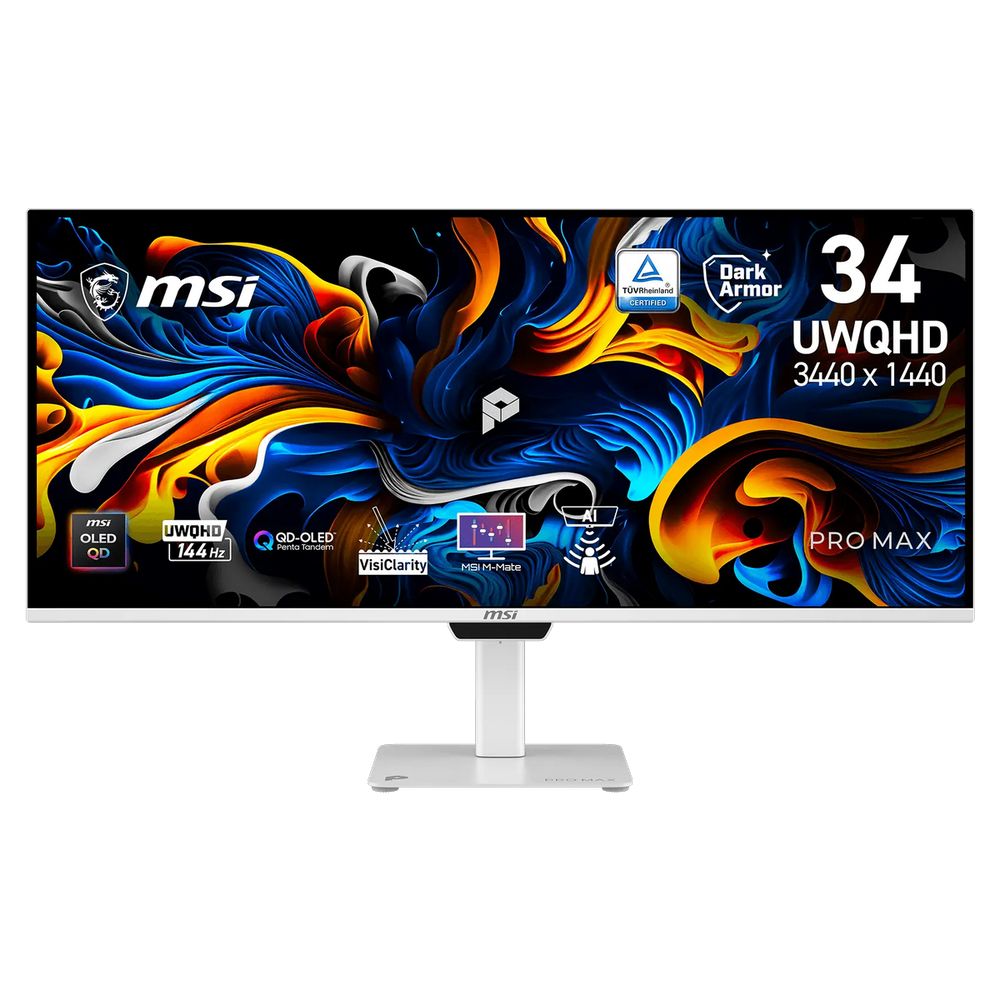 Монитор 34" MSI PRO MAX 341QPXW14G   QD-OLED, 3440x1440, 144Hz, 0,03ms, 300сd/m, 1000000:1 | 2xHDMI(2.1), DP(1.4a), Type-C(PD-98W), Type-C(PD-15W), 4xUSB3.2 | HAS, Swivel, InPSU, Speakers, Vesa 100, White