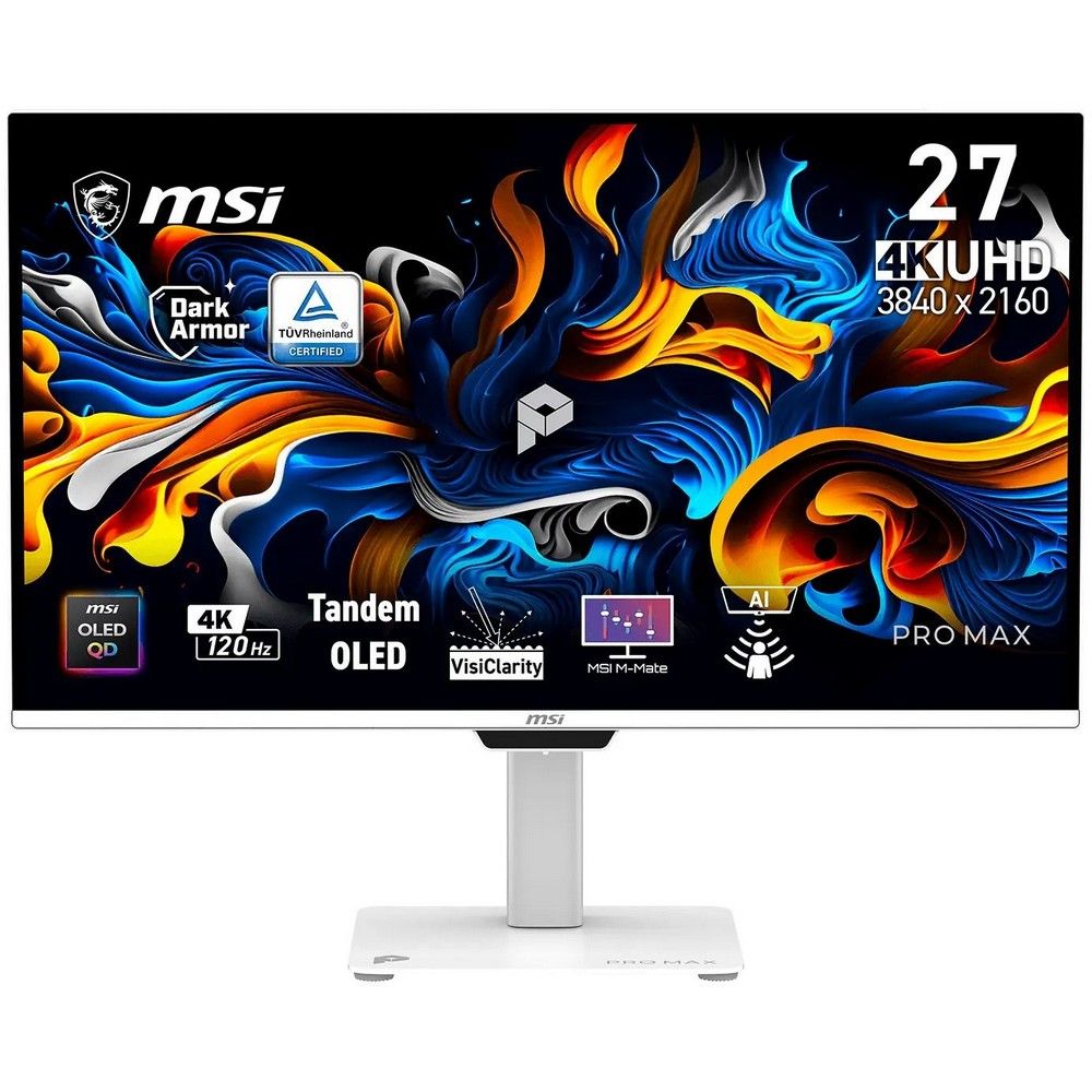 Монитор 26.5" MSI PRO MAX 271UPXW12G   QD-OLED, 3840x2160, 120Hz, 0,03ms, 250сd/m, 1500000:1,  | 2xHDMI(2.1), DP(1.4a), Type-C(PD-98W), Type-C(PD-15W), 4xUSB3.2 | HAS, Pivot, Swivel, InPSU, Speakers, Vesa 100, White