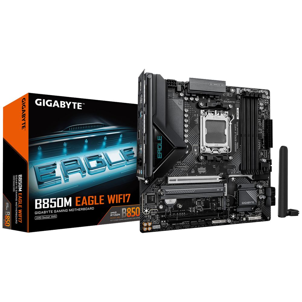 Материнская плата Gigabyte B850M EAGLE WIFI7 B850, AM5, 4xDDR5, 2*PCIEx16, 2*M.2, 2*TypeC, 1*USB3.2Gen2, 4*USB3.2Gen1, 8*USB2.0, 4*SATA3.0, 2.5G, 2*DP, HDMI, M-ATX, RTL