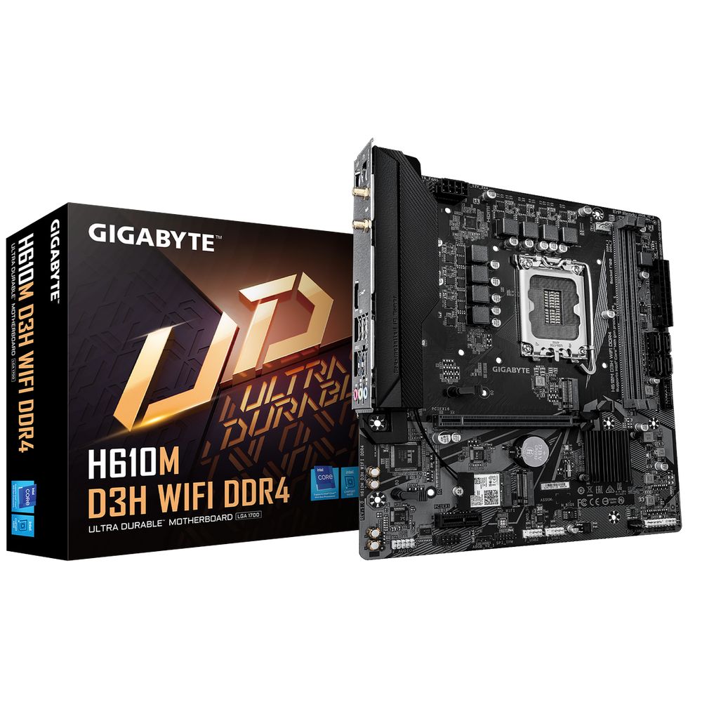 Материнская плата Gigabyte H610M D3H WIFI DDR4 H610, LGA1700, 2*DDR4, 1*PCIEx16, 1*PCIEx1, 2*M.2 4*USB3.2Gen1, 8*USB2.0, 4*SATA3.0, 1G, HDMI, M-ATX, RTL