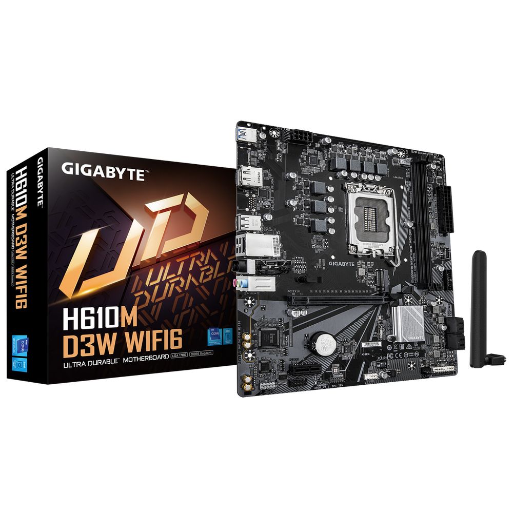 Материнская плата Gigabyte H610M D3W WIFI6 H610, LGA1700, 2*DDR5, 1*PCIEx16, 1*PCIEx1, 1*M.2, 1*TypeC, 3*USB3.2Gen1, 6*USB2.0, 4*SATA3.0, 1G, DP, HDMI, M-ATX, RTL