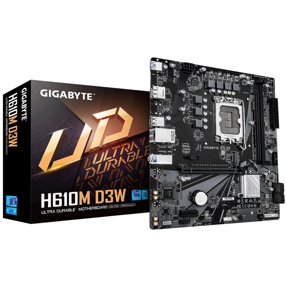 Материнская плата Gigabyte H610M D3W H610, LGA1700, 2*DDR5, 1*PCIEx16, 1*PCIEx1, 1*M.2, 1*TypeC, 3*USB3.2Gen1, 7*USB2.0, 4*SATA3.0, 1G, DP, HDMI, M-ATX, RTL