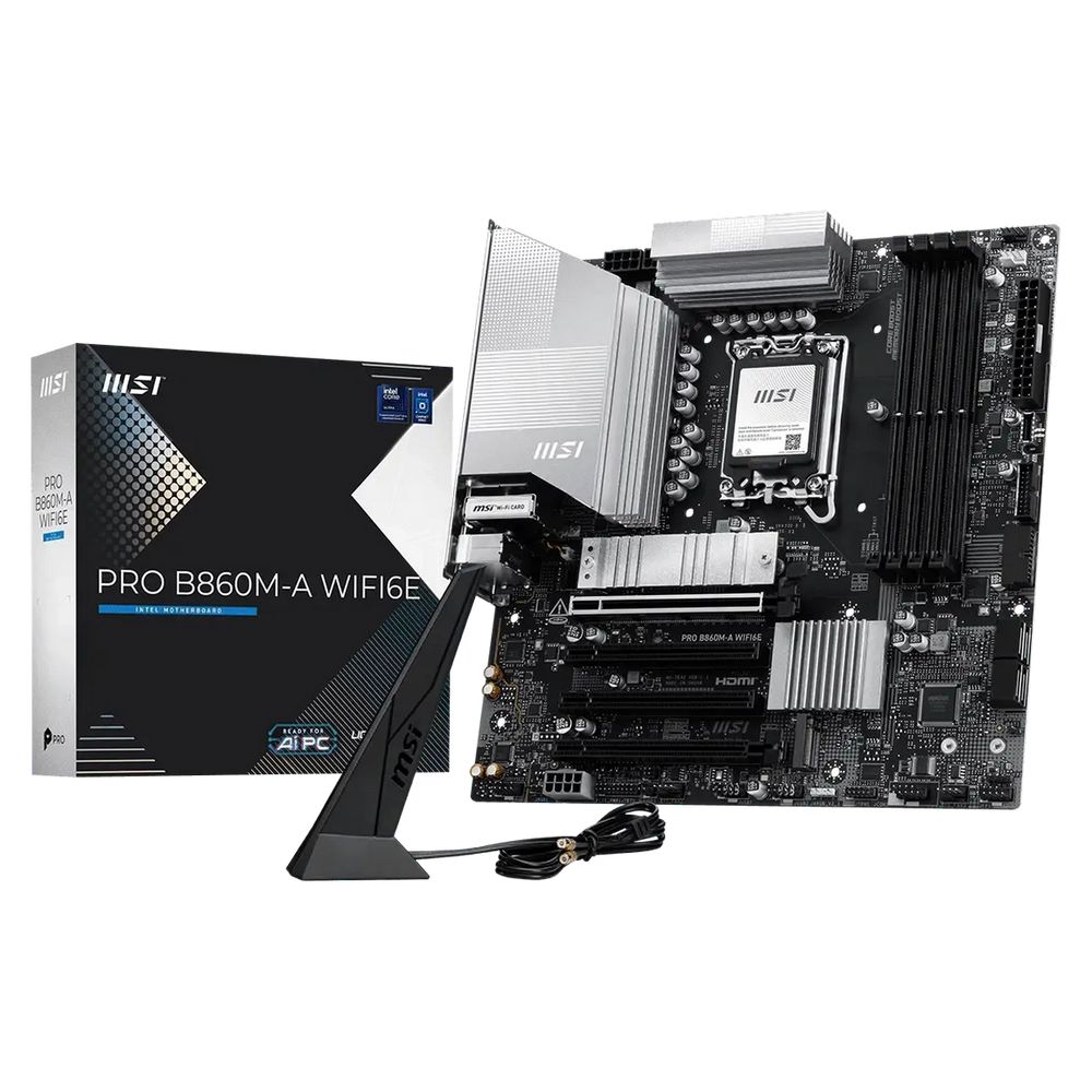 Материнская плата MSI PRO B860M-A WIFI6E B860, LGA1851, 4*DDR5, 4*PCIEx16, 3*M.2, 2*TypeC, 1*USB3.2Gen2, 6*USB3.2Gen1, 6*USB2.0, 4*SATA3.0, 5G, Type-C(DP), DP, HDMI, M-ATX, RTL