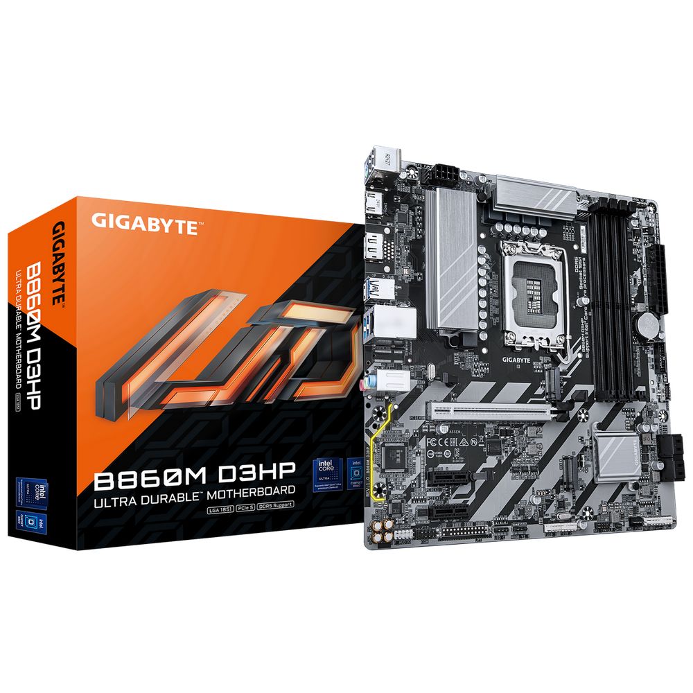 Материнская плата Gigabyte Bad Pack B860M D3HP, Socket 1851, Intel®B860, 4xDDR5-6400, HDMI+DP, 1xPCI-Ex16, 2xPCI-Ex1, 4xSATA3(RAID 0/1/5/10), 2xM.2, 8Ch Audio, GLan, (2+4)xUSB2.0, (3+2)xUSB3.2, (0+1)xUSB Type-C™, 1xPS/2, mATX, RTL bp