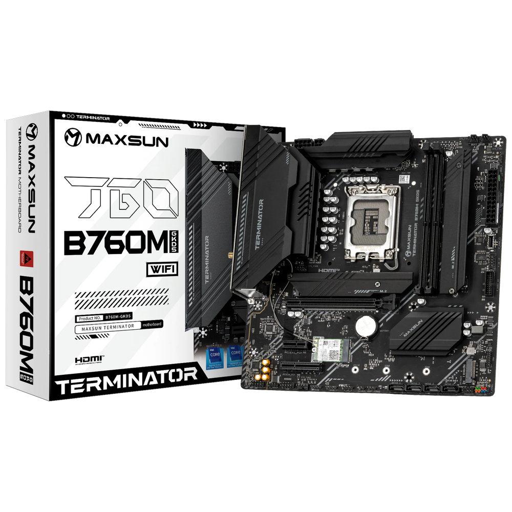 Материнская плата Maxsun MS-Terminator B760ITX D4 WIFI V3 LGA1700, B760, 2xDDR4, 1*PCIEx16, 2*M.2, 2xTypeC, 5*USB3.2Gen1, 5*USB2.0, 4*SATA3.0, 2.5G, VGA, HDMI, Mini-ITX, RTL