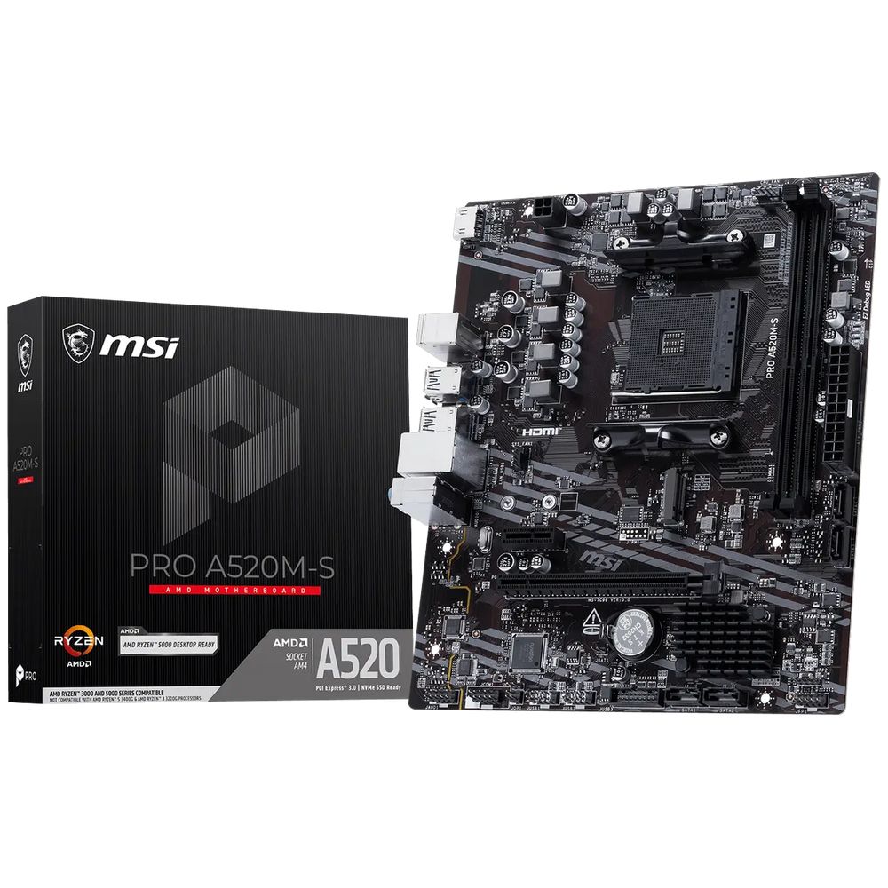 Материнская плата MSI PRO A520M-S A520M, AM4, 2*DDR4, 1*PCIEx16, 1*PCIEx1, 1*M.2, 2*TypeC, 2*USB3.2Gen2, 6*USB3.2Gen1, 6*USB2.0, 4*SATA3.0, 1G, HDMI, M-ATX, RTL