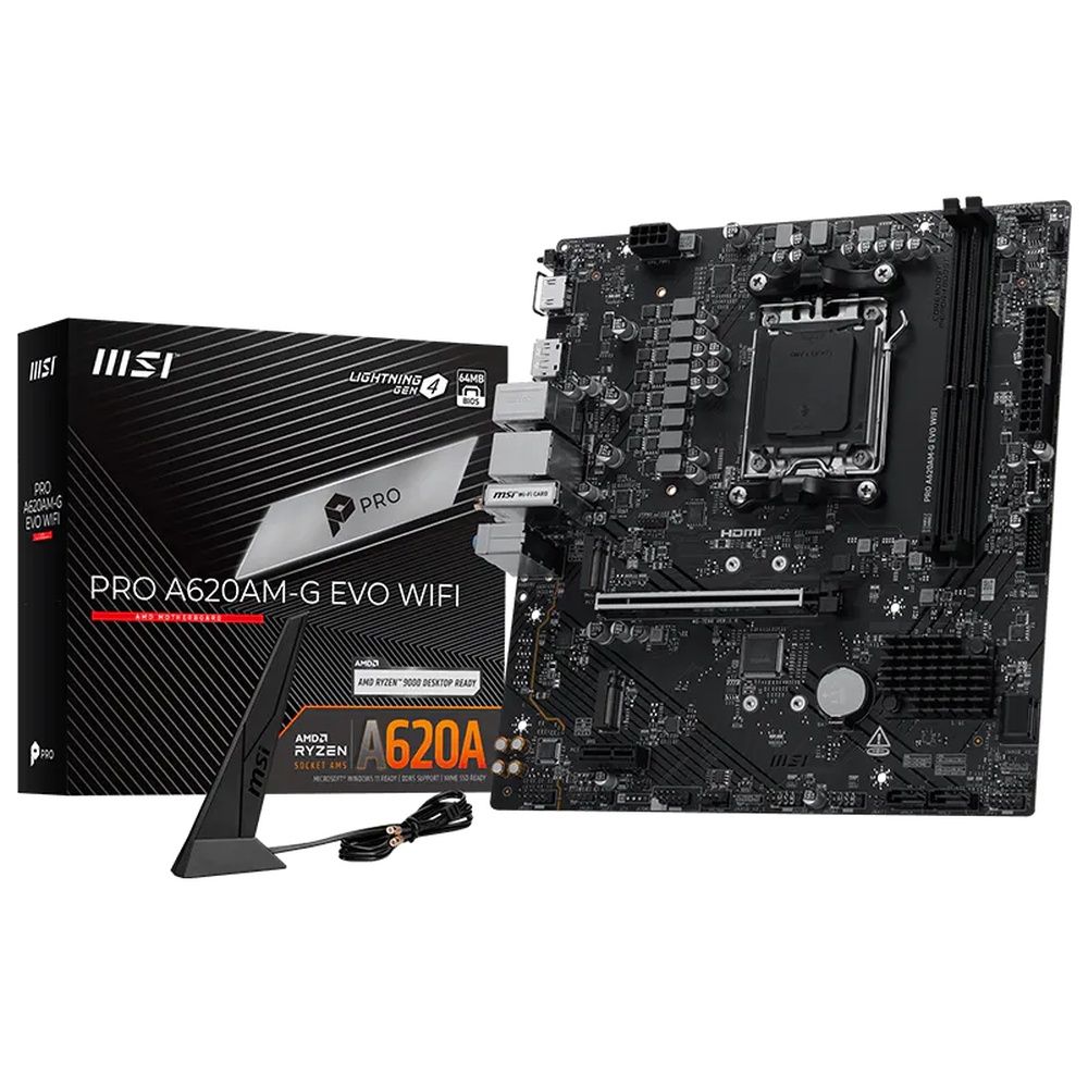 Материнская плата MSI PRO A620AM-G EVO WIFI A620A, AM5, 2*DDR5, 1*PCIEx16, 1*PCIEx1, 2*M.2, 1*TypeC, 7*USB3.2Gen1, 6*USB2.0, 4*SATA3.0, 2.5G, DP, HDMI, ATX, RTL