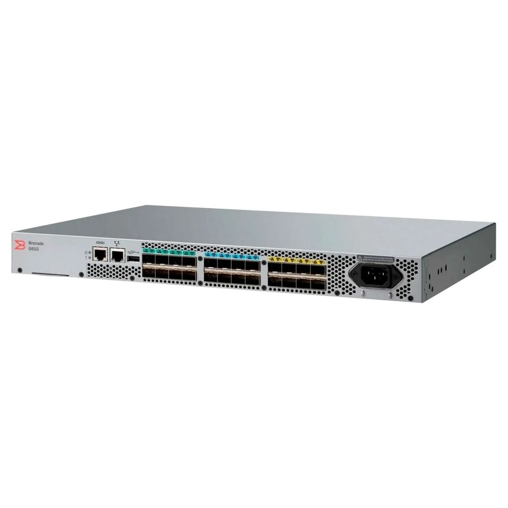 Коммутатор Brocade G610 24-port FC 1U Switch, 24 active/licensed port, incl 24x 32Gb SWL SFP+, Enterprise Bundle Lic (ISL Trunking, Fabric Vision, Extended Fabric), FOS 9.1.1, 1xPS, Rackmount Kit, BR-G610-24-32G-1