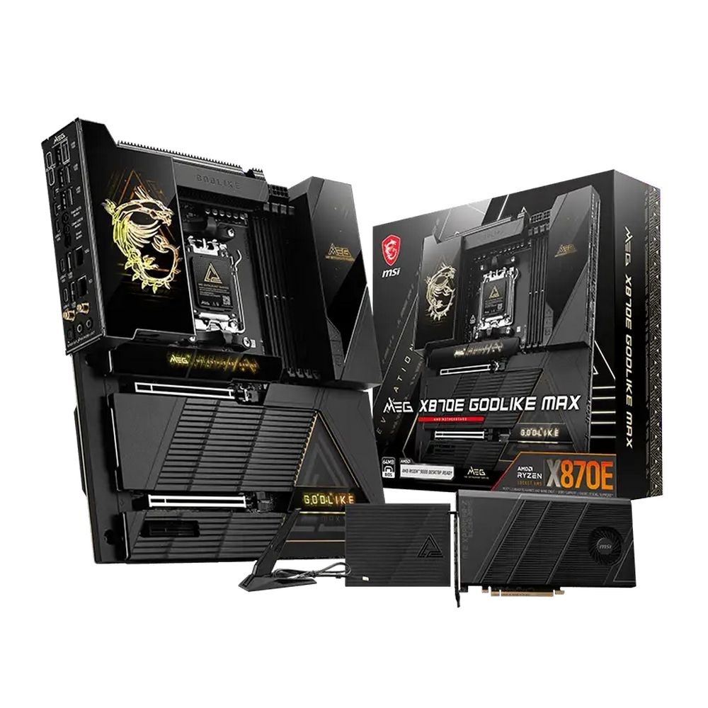 Материнская плата MSI MEG X870E GODLIKE MAX X870E, AM5, 4*DDR5, 2*PCIEx16, 1*PCIEx4, 5*M.2, 5*TypeC, 8*USB3.2Gen2, 4*USB3.2Gen1, 4*USB2.0, 4*SATA3.0, 10G, 5G, 2*TypeC(DP), Е-ATX, RTL
