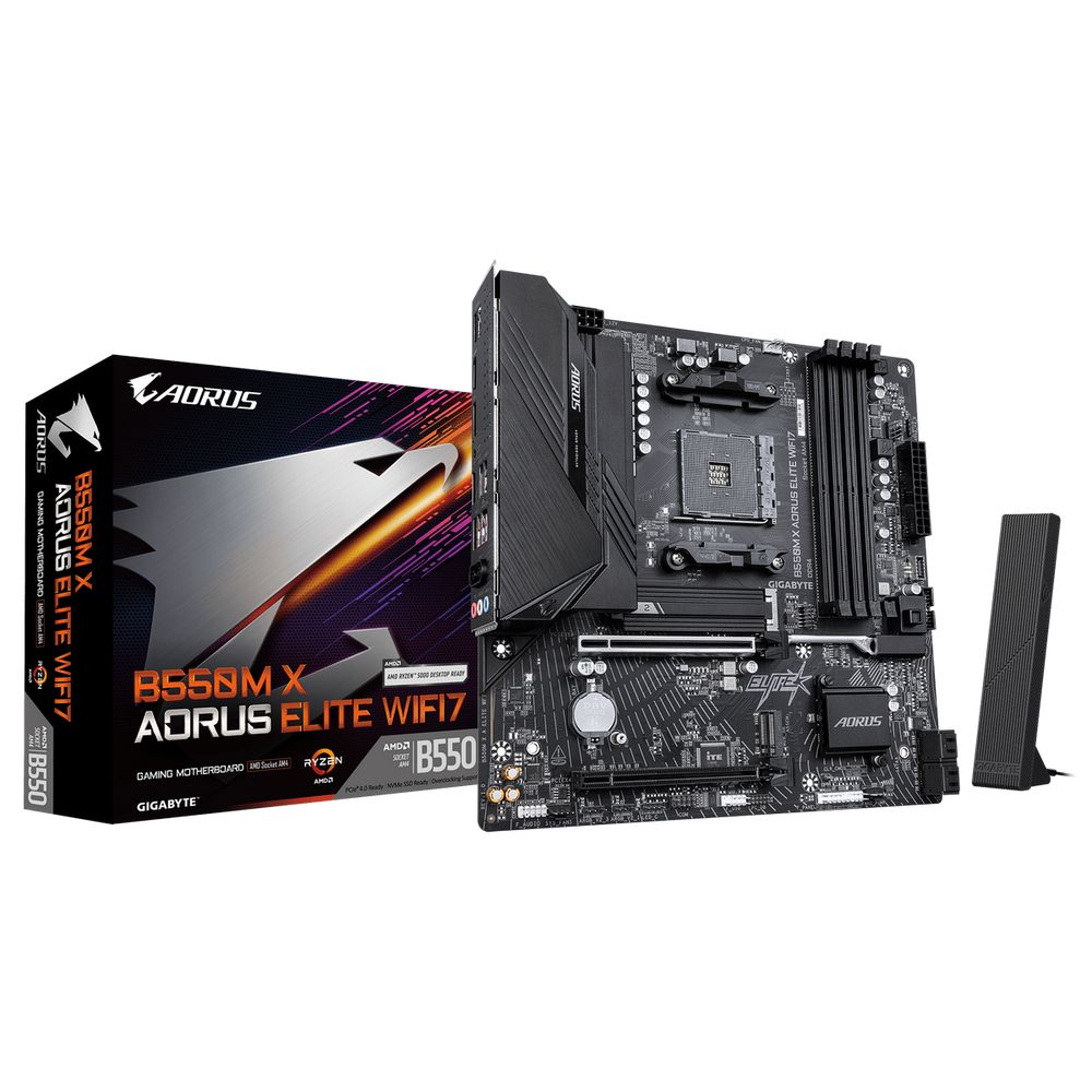 Материнская плата Gigabyte B550M X AORUS ELITE WIFI7 B550, AM4, 4*DDR4, 2*PCIEx16, 2*M.2, 1*TypeC, 4*USB3.2Gen1, 4*USB2.0, 4*SATA3.0, 2.5G, DP, HDMI, ATX, RTL