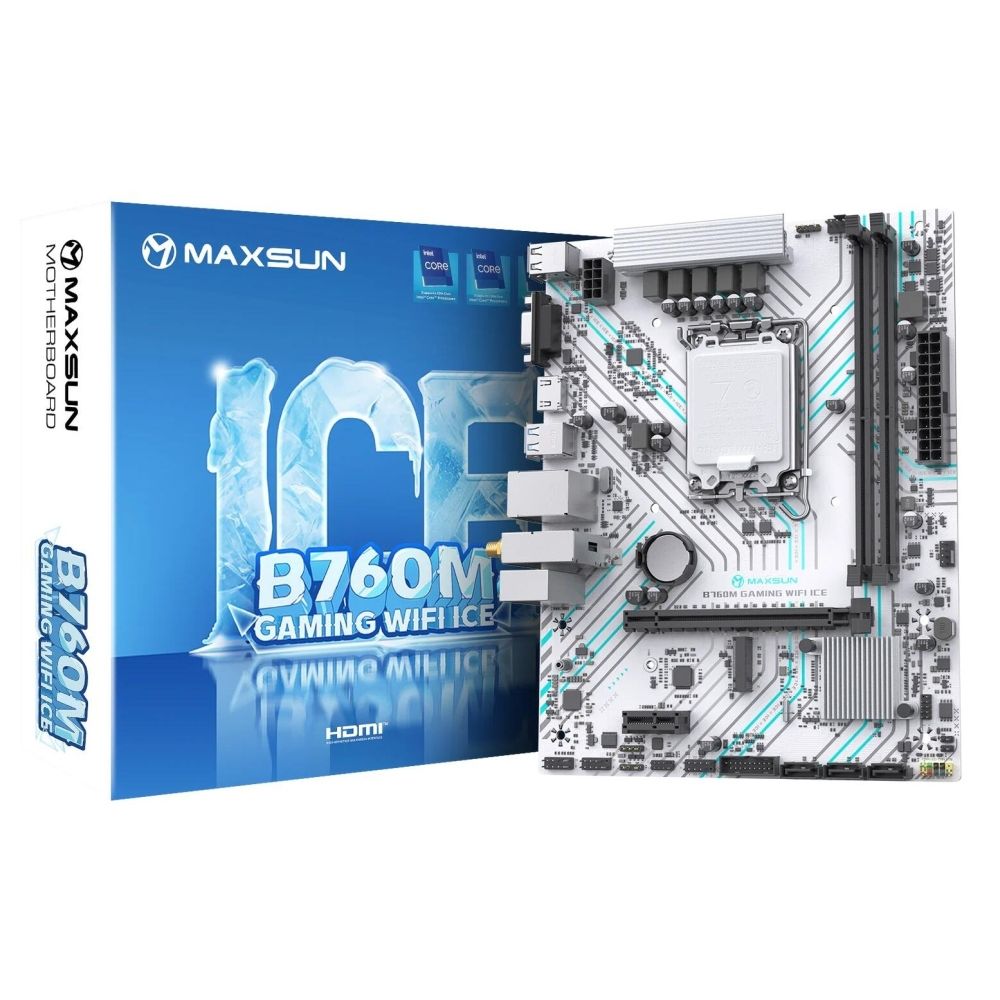 Материнская плата Maxsun Bad Pack MS-B760M GAMING WIFI ICE B760, LGA1700, 2*DDR4, 1*PCIEx16, 1*PCIEx1, 1*M.2, 4*USB3.2Gen1, 6*USB2.0, 3*SATA3.0, 1G, VGA, HDMI, M-ATX, RTL