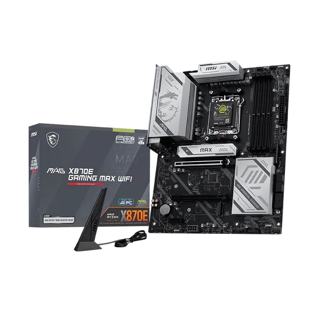 Материнская плата MSI MAG X870E GAMING MAX WIFI, AM5, 4*DDR5, 2*PCIEx16, 1xPCIEx1, 3*M.2, 2*TypeC, 2*USB3.2Gen2, 6*USB3.2Gen1, 10*USB2.0, 4*SATA3.0, 5G, 1*Type-C(DP), HDMI, ATX, RTL