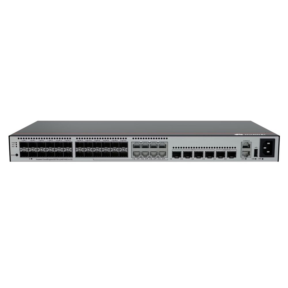 Коммутатор Huawei S5735-L24ST4XE-A-V2  (24*GE SFP ports, 8 of which are dual-purpose 10/100/1000 or SFP, 4*10GE SFP+ ports, 2*12GE stack ports, built-in AC power, front access, L-MLIC-S57L)