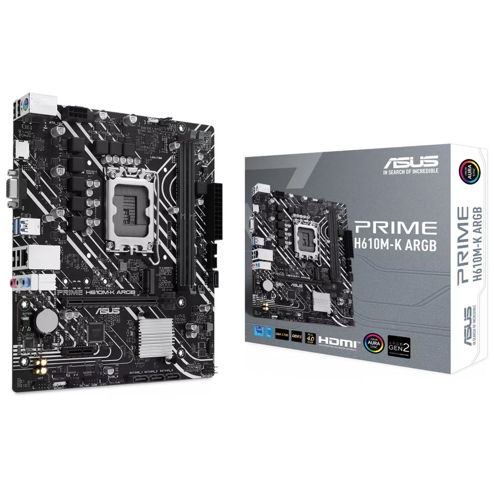Материнская плата ASUS PRIME H610M-K ARGB H610, LGA1700, 2*DDR5, 1*PCIEx16, 1*PCIEx1, 1*M.2, 2*USB3.2Gen2, 1*USB3.2Gen1, 6*USB2.0, 4*SATA3.0, 1G, VGA, HDMI, M-ATX, RTL