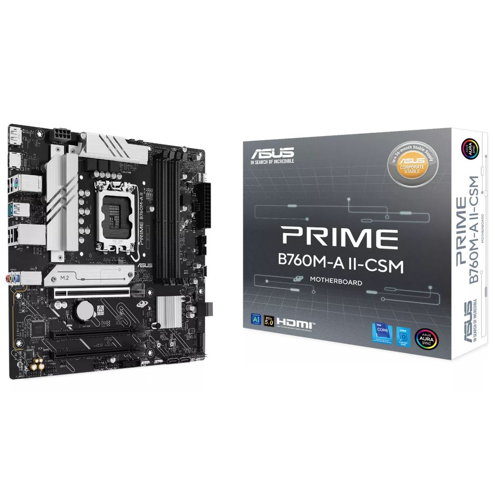 Материнская плата ASUS PRIME B760M-A II-CSM B760, LGA1700, 4*DDR5, 3*PCIEx16, 2*M.2, 1*TypeC, 2*USB3.2Gen2, 2*USB3.2Gen1, 8*USB2.0, 4*SATA3.0, 2.5G, DP, HDMI, M-ATX, RTL