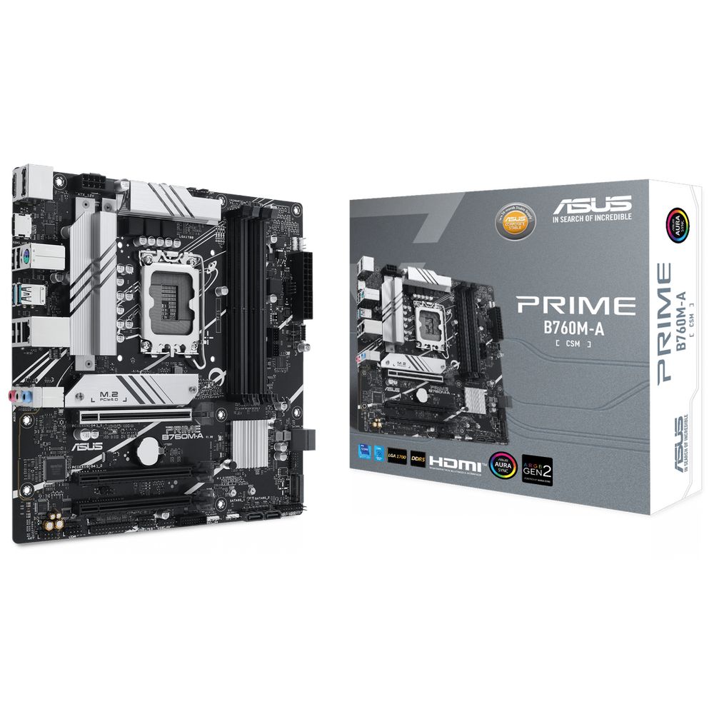 Материнская плата ASUS PRIME B760M-A-CSM B760, LGA1700, 4*DDR5, 3*PCIEx16, 2*M.2, 1*TypeC, 2*USB3.2Gen2, 4*USB3.2Gen1, 9*USB2.0, 4*SATA3.0, 2.5G, DP, 2xHDMI, M-ATX, RTL