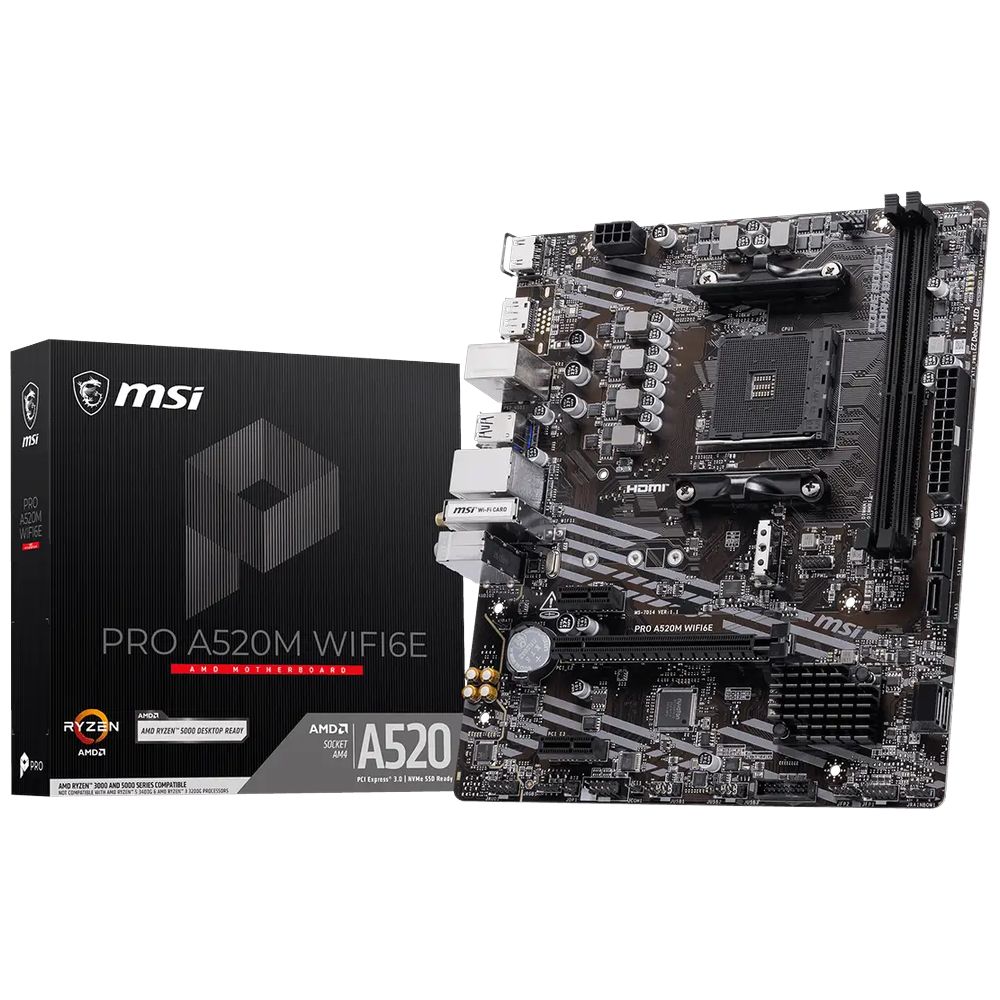 Материнская плата MSI PRO A520M WIFI6E A520, AM4, 2*DDR4, 1*PCIEx16, 2*PCIEx1, 1*M.2, 1*TypeC, 6*USB3.2Gen1, 6*USB2.0, 4*SATA3.0, 1G, DP, HDMI, M-ATX, RTL