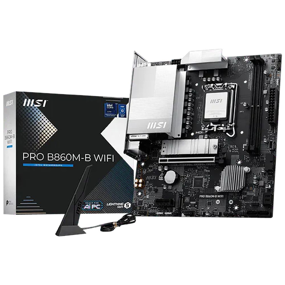 Материнская плата MSI PRO B860M-B WIFI B860, LGA1851, 2*DDR5, 1*PCIEx16, 1*PCIEx1, 2*M.2, 2*TypeC, 4*USB3.2Gen1, 8*USB2.0, 4*SATA3.0, 5G, DP, HDMI, M-ATX, RTL