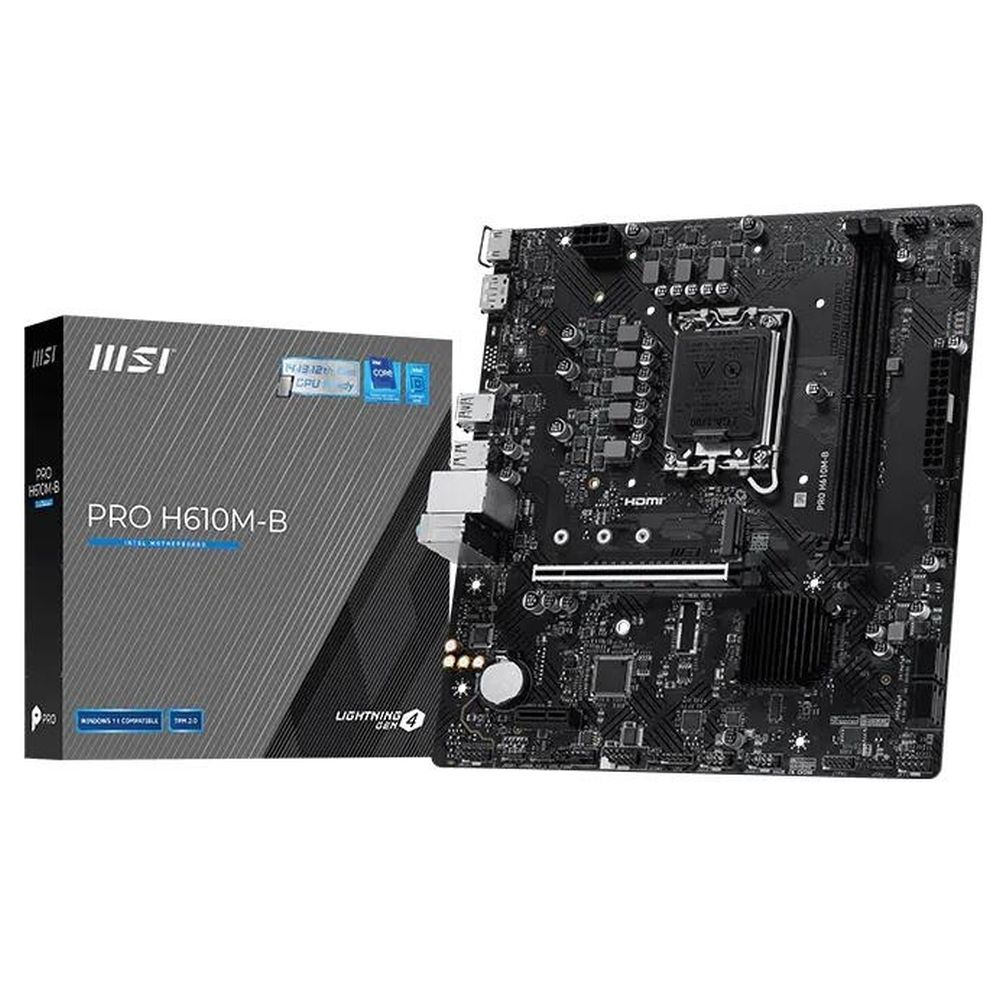 Материнская плата MSI PRO H610M-B H610, LGA1700, 2*DDR5, 1*PCIEx16, 1*PCIEx1, 1*M.2, 4*USB3.2Gen1, 8*USB2.0, 4*SATA3.0, 1G, DP, HDMI, M-ATX, RTL