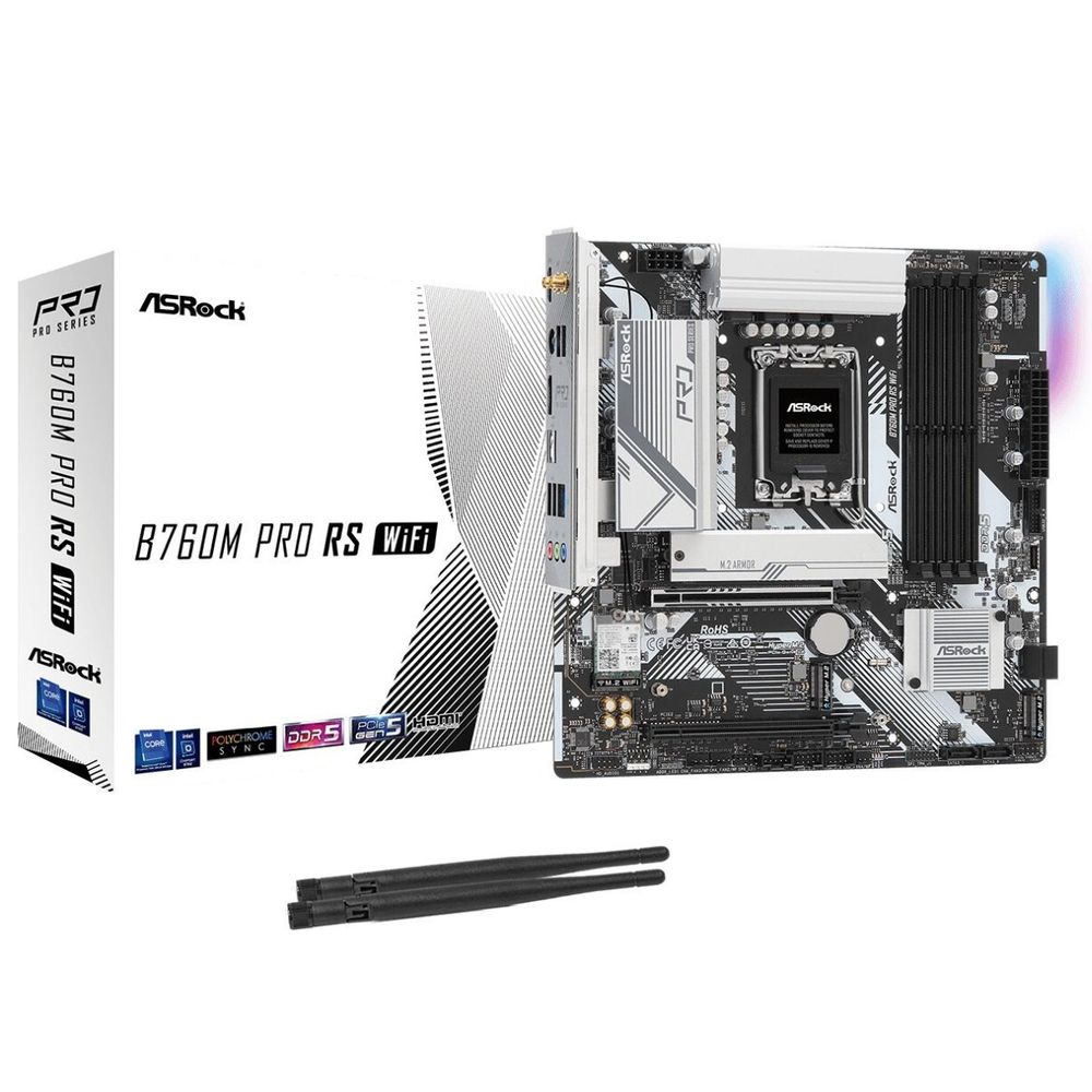 Материнская плата ASRock B760M PRO RS WIFI B760, LGA1700, 4*DDR5, 2*PCIEx16, 1*M.2, 1*TypeC, 5*USB3.2Gen1, 6*USB2.0, 4*SATA3.0, 2.5G, DP, HDMI, M-ATX, RTL