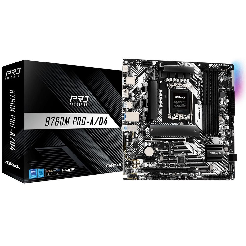 Материнская плата ASRock B760M PRO-A/D4 B760, LGA1700, 4*DDR4, 2*PCIEx16, 1*PCIEx1, 2*M.2, 2*TypeC, 5*USB3.2Gen1, 6*USB2.0, 4*SATA3.0, 2.5G, DP, HDMI, M-ATX, RTL