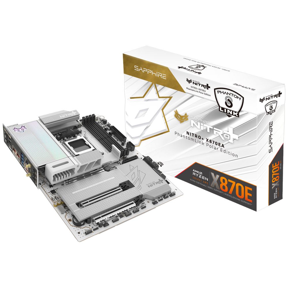 Материнская плата Sapphire NITRO+ X870EA PHANTOMLINK POLAREDITION X870E, AM5, 4*DDR5, 3*PCIEx16, 4*M.2, 1*TypeC, 4*USB3.2Gen2, 5*USB3.2Gen1, 4*USB2.0, 4*SATA3.0, 1*5G, 2*Type-C(DP), HDMI, ATX, RTL