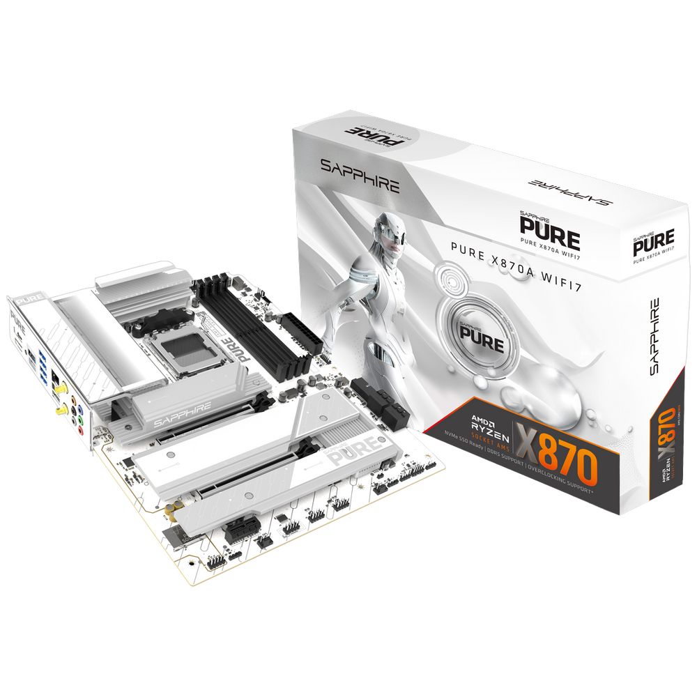Материнская плата Sapphire PURE X870A X870, AM5, 4*DDR5, 2*PCIEx16, 1*PCIEx1, 3M.2, 1*TypeC, 2*USB3.2Gen2, 5*USB3.2Gen1, 4*USB2.0, 4*SATA3.0, 1*5G, DP, HDMI, 1*Type-C(DP), ATX, RTL