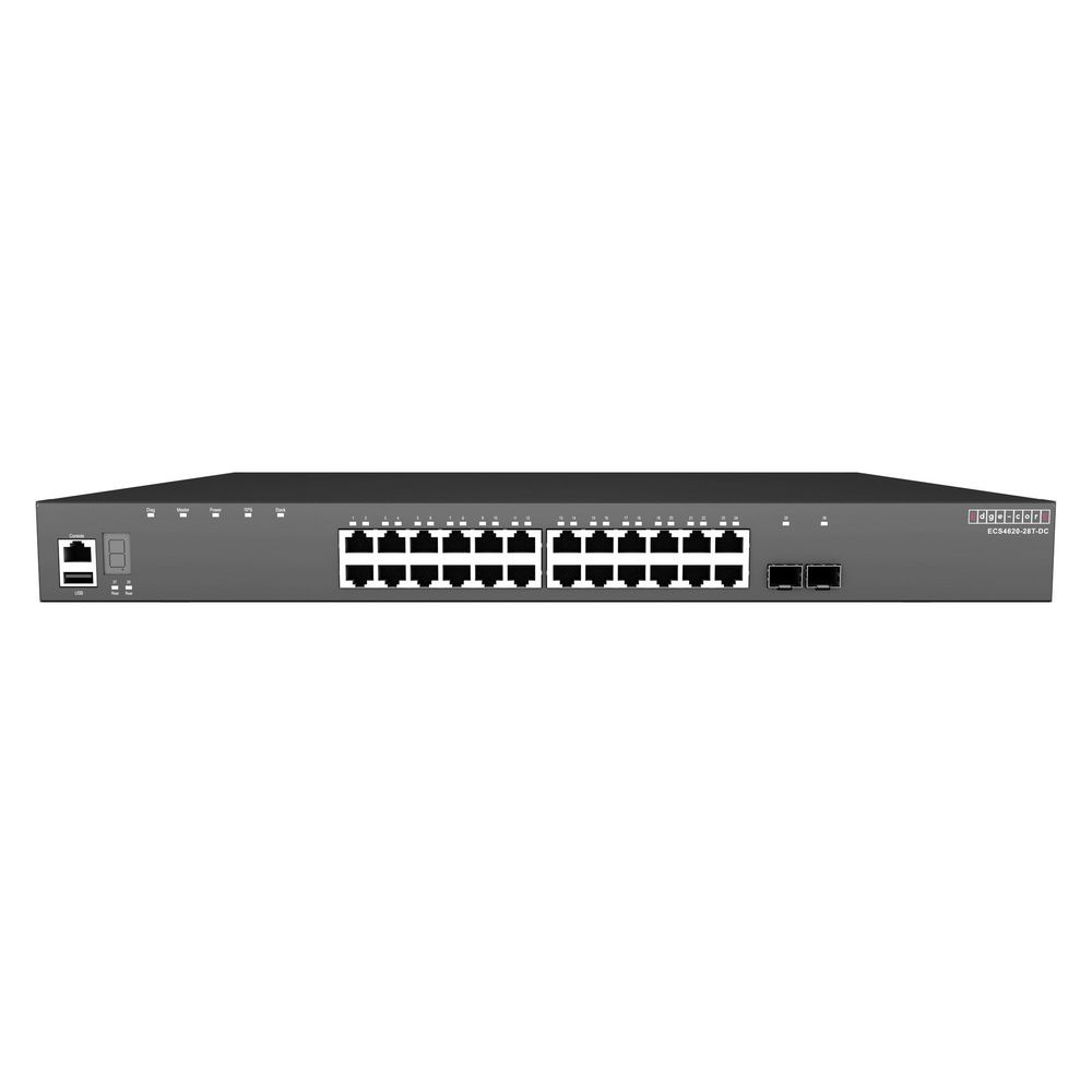 Коммутатор Edge-corE ECS4620-28T-DC Edge-corE 24 x GE + 2 x 10G SFP+ ports + 1 x expansion slot (for dual 10G SFP+ ports) L3 Stackable Switch, w/ 1 x RJ45 console port, 1 x USB type A storage port, RPU connector, fan-less design, Stack up to 4 units, DC Version