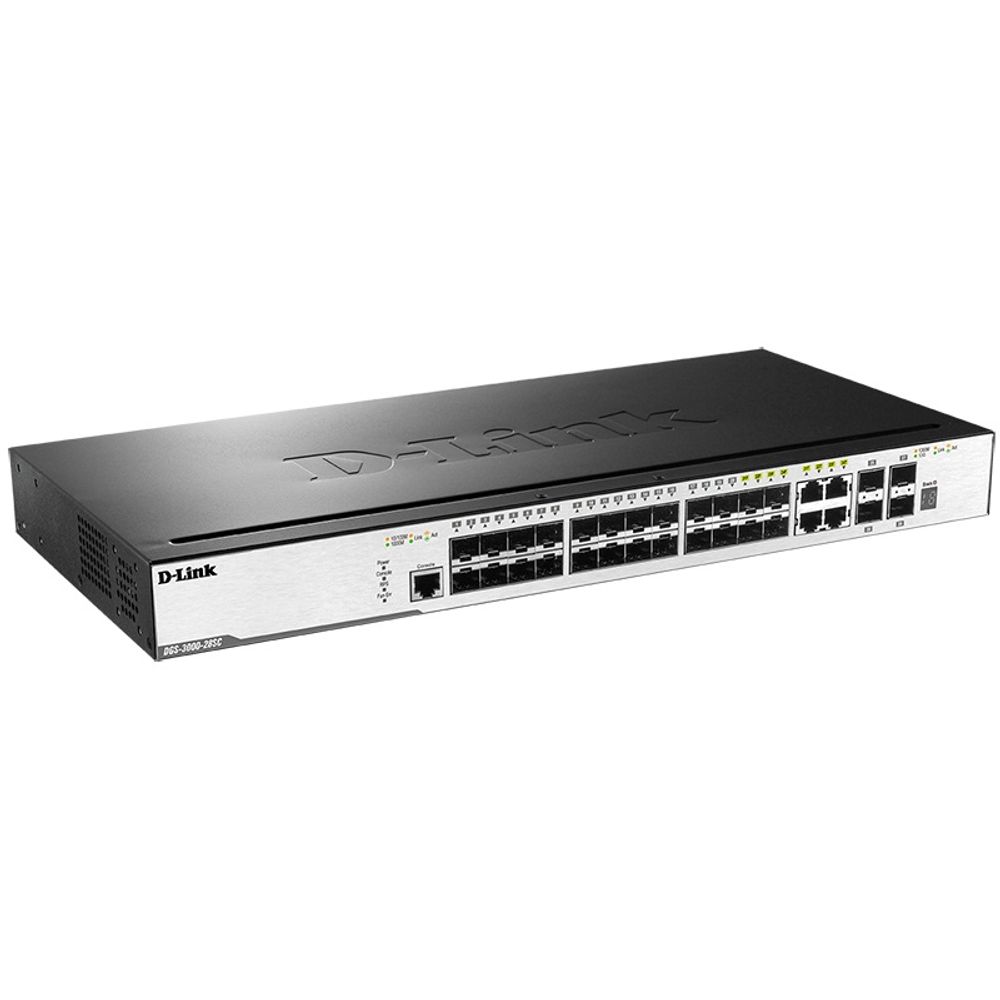 Коммутатор D-Link DGS-3000-28SC/A1A Управляемый стекируемый коммутатор 2 уровня с 20 портами 100/1000Base-X SFP, 4 комбо-портами 10/100/1000Base-T/SFP и 4 портами 10GBase-X SFP+, RTL {3} (411137)