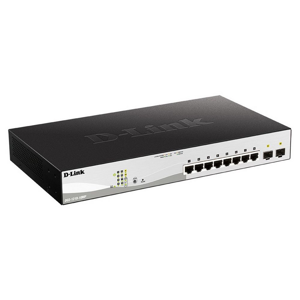 Коммутатор D-Link DGS-1210-10MP/F1A Настраиваемый коммутатор WebSmart с 8 портами 10/100/1000Base-T и 2 портами 1000Base-X SFP (8 портов с поддержкой PoE 802.3af/802.3at (30 Вт), PoE-бюджет 130 Вт), RTL {3} (432507)