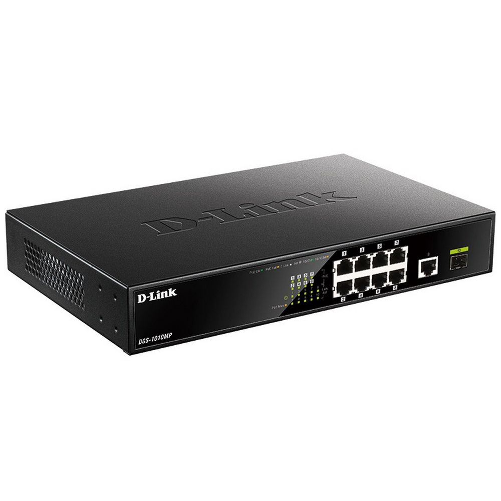 Коммутатор D-Link DGS-1010MP/A1A Неуправляемый коммутатор с 9 портами 10/100/1000Base-T, 1 портом 1000Base-X SFP, функцией энергосбережения и поддержкой QoS (8 портов с поддержкой PoE 802.3af/802.3at (30 Вт), RTL {5} (439872)