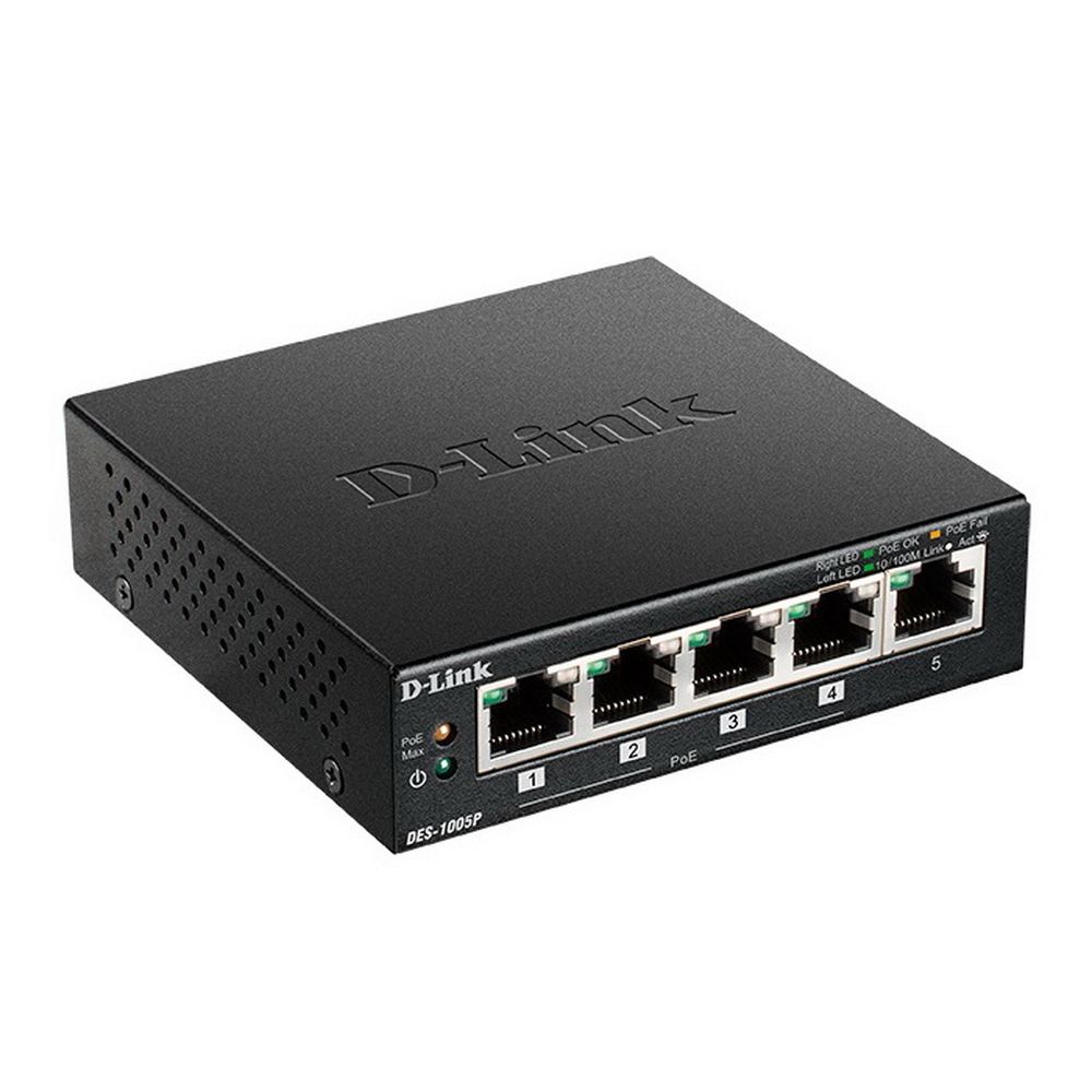 Коммутатор D-Link DES-1005P/B1A Неуправляемый коммутатор с 5 портами 10/100Base-TX, функцией энергосбережения и поддержкой QoS (4 порта с поддержкой PoE 802.3af/802.3at (30 Вт), PoE-бюджет 60 Вт) {10} (439827)