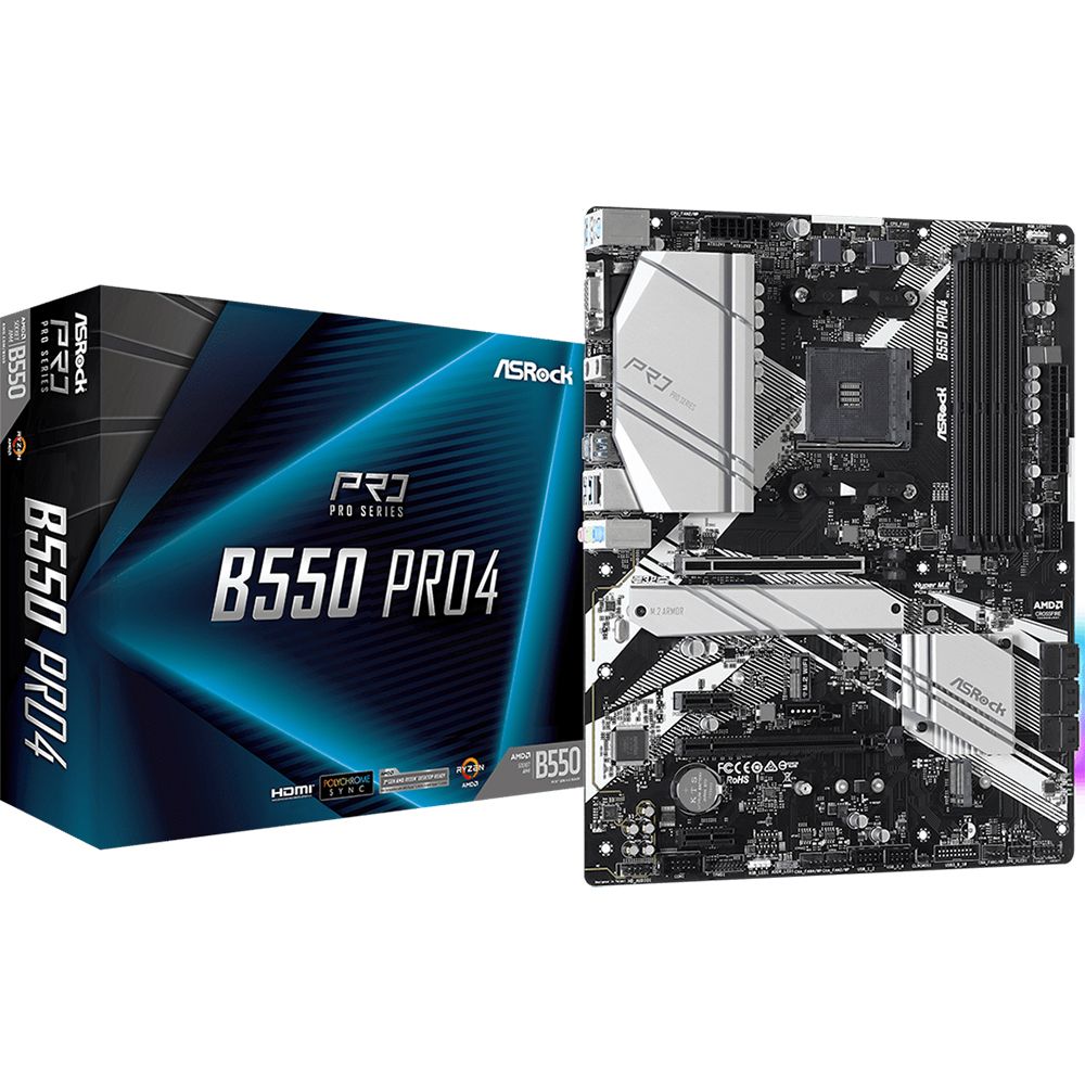 Материнская плата ASRock B550 PRO4, Socket AM4, AMD B550, 4xDDR4-3200, D-SUB+HDMI, 2xPCI-Ex16, 2xPCI-Ex1, 6xSATA3(RAID 0/1/10), 2xM.2, 8 Ch Audio, 1xGLan, (0+4)xUSB2.0, (5+2)xUSB3.2, (1+0)xUSB3.2 Type-C™, 1xPS/2, ATX, RTL, {10} (931482)