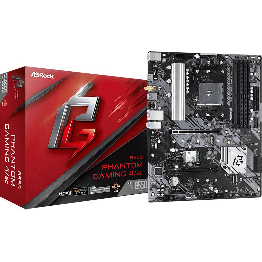 Материнская плата ASRock B550 PHANTOM GAMING 4/AC, Socket AM4, AMD B550, 4xDDR4-3200, HDMI, 2xPCI-Ex16, 2xPCI-Ex1, 6xSATA3(RAID 0/1/10), 2xM.2, 8 Ch Audio, 1xGLan, WiFi, (0+4)xUSB2.0, (6+2)xUSB3.2, 1xPS/2, ATX, RTL, {10} (931512)