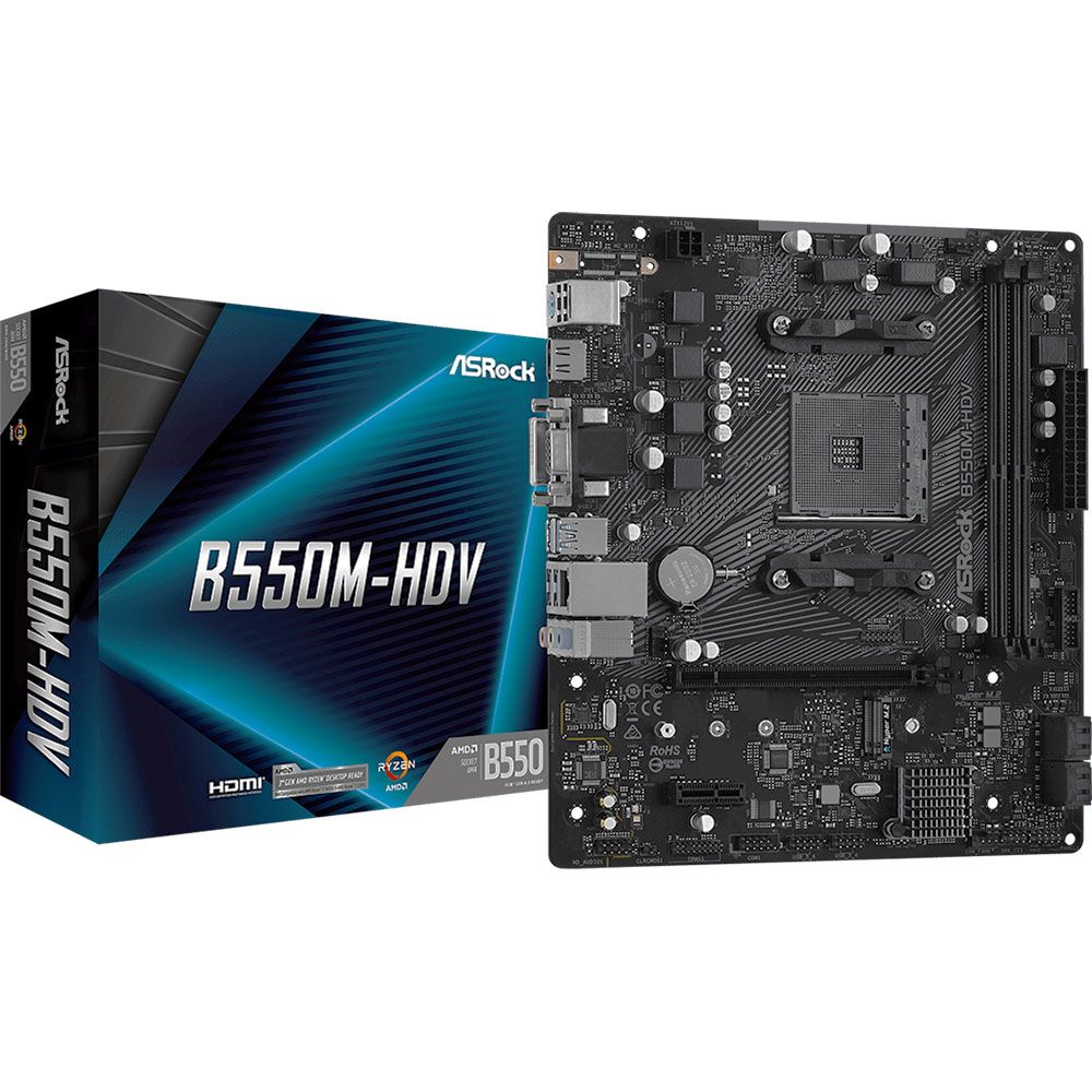 Материнская плата ASRock B550M-HDV, Socket AM4, AMD B550, 2xDDR4-3200, D-SUB+DVI-D+HDMI, 1xPCI-Ex16, 1xPCI-Ex1, 4xSATA3(RAID 0/1/10), 1xM.2, 8 Ch Audio, 1xGLan, (2+4)xUSB2.0, (4+2)xUSB3.2, 1xPS/2, mATX, RTL, {20} (931635)