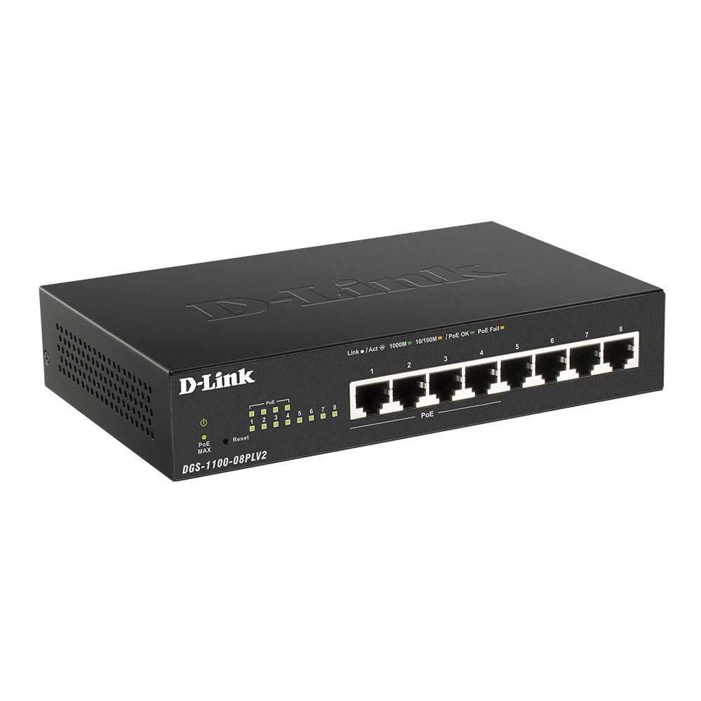Коммутатор D-Link DGS-1100-08PLV2/A1A Настраиваемый L2 коммутатор с 8 портами 10/100/1000Base-T (4 порта PoE 802.3af/at, PoE-бюджет 80 Вт) {10} (457470)