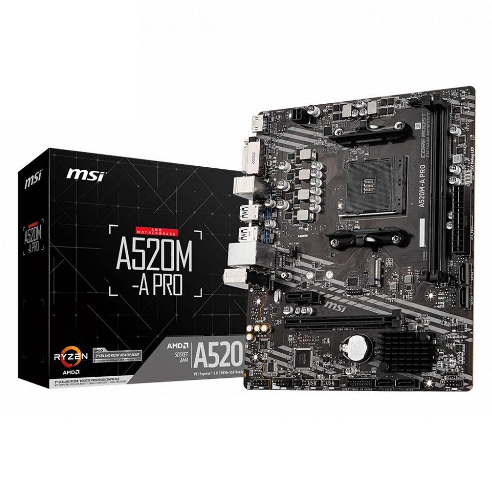 Материнская плата MSI A520M-A PRO A520, AM4, 2*DDR4, 1*PCIEx16, 1*PCIEx1, 1*M.2, 6*USB3.2Gen1, 6*USB2.0, 4*SATA3.0, 1G, DVI, HDMI, M-ATX, RTL