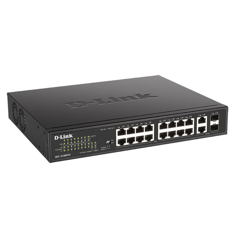 Коммутатор D-Link DES-1018MPV2/A1A Неуправляемый коммутатор с 16 портами 10/100Base-TX, 2 комбо-портами 100/1000Base-T/SFP (16 портов PoE 802.3af, PoE-бюджет 246,4 Вт), {3}