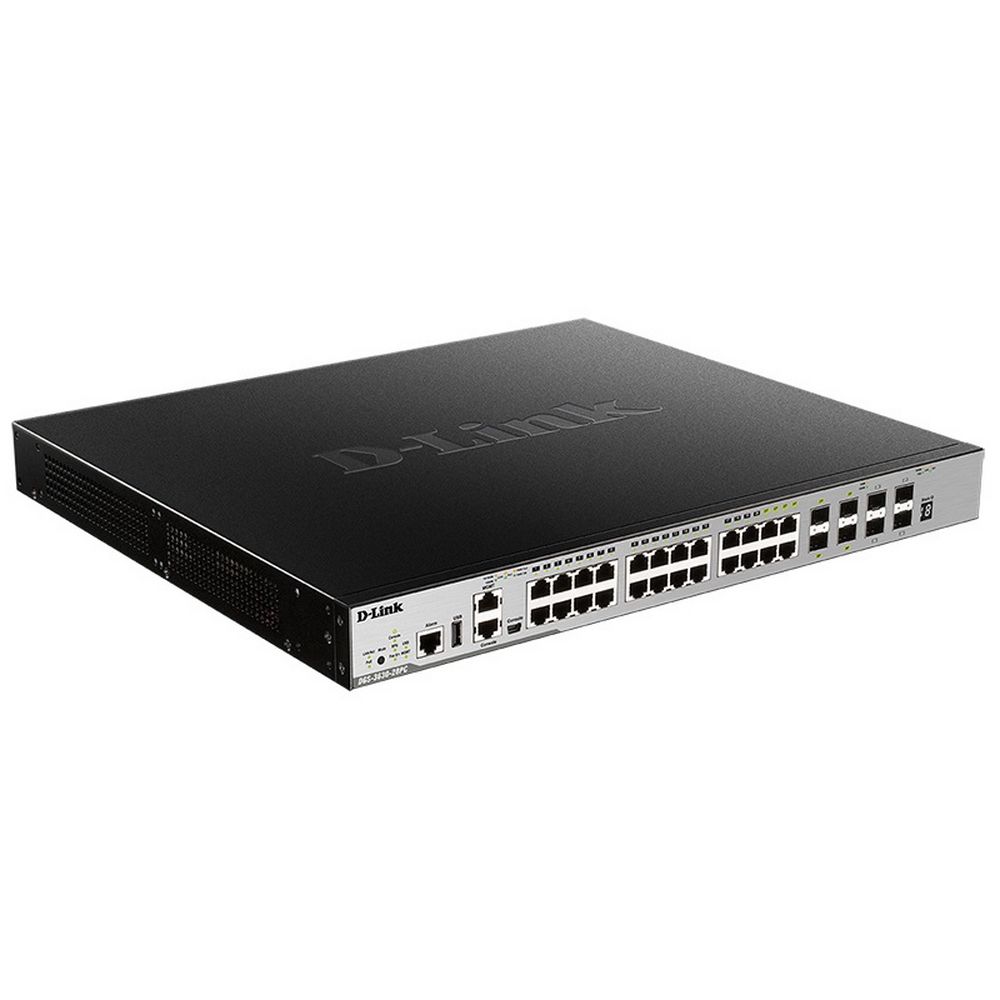 Коммутатор D-Link DGS-3630-28PC/A2ASI Управляемый L3 стекируемый коммутатор с 20 портами 10/100/1000Base-T, 4 комбо-портами 100/1000Base-T/SFP и 4 портами 10GBase-X SFP+ (24 порта PoE 802.3af/at, PoE бюджет 370 Вт