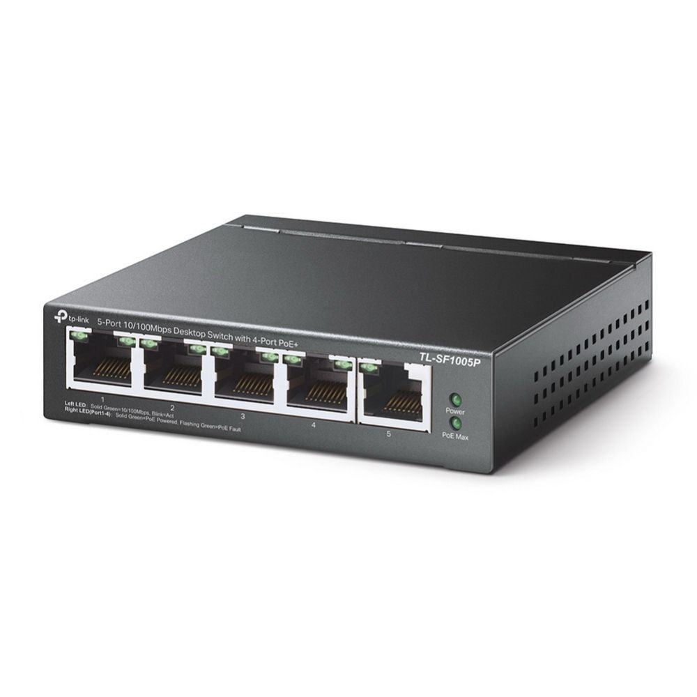 Коммутатор TP-LINK TL-SF1005P 5-портовый 10/100 Мбит/с настольный коммутатор с 4 портами PoE, 5 портов RJ45 10/100 Мбит/с, включая 4 порта PoE, бюджет PoE до 58 Вт, стальной корпус {12} (083199)