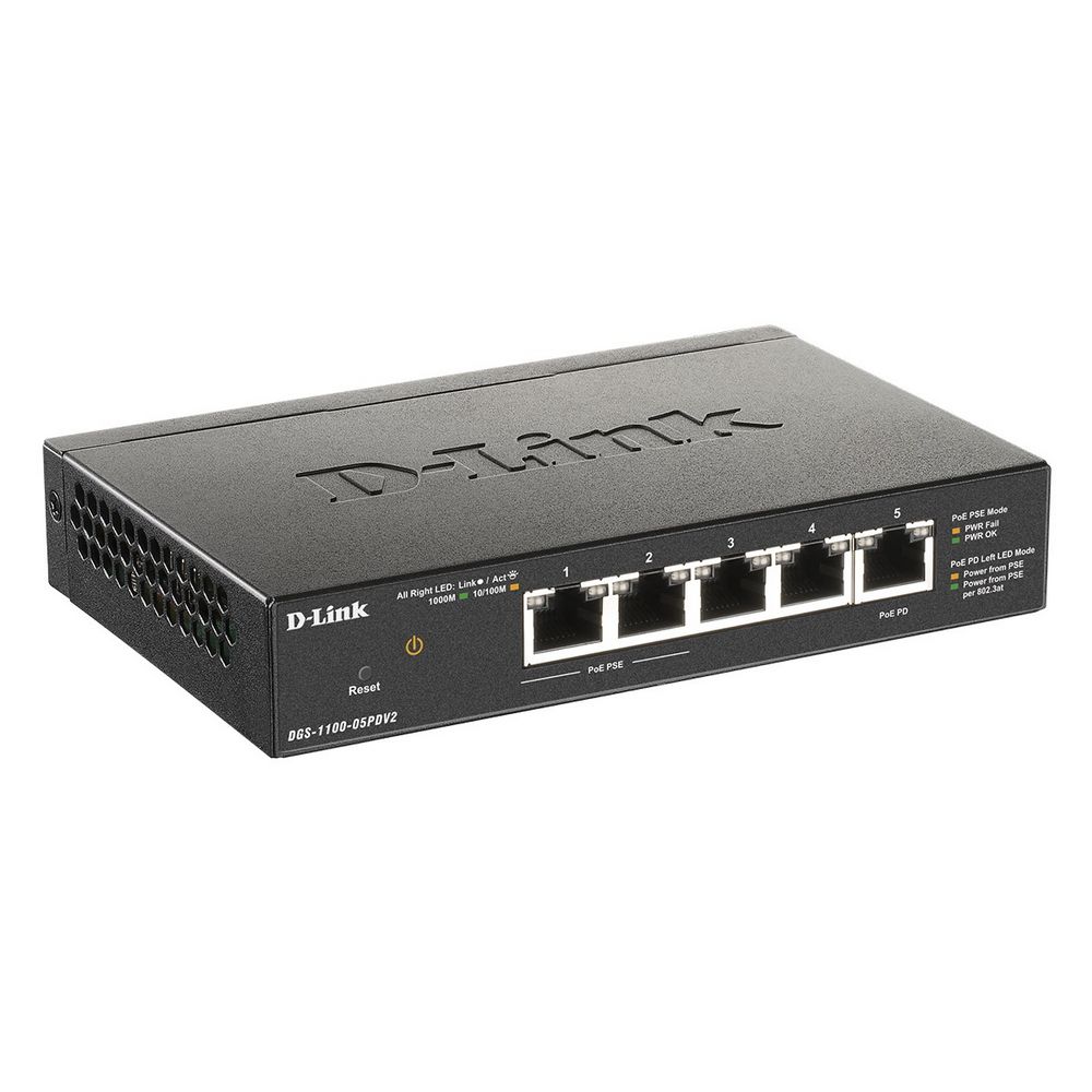 Коммутатор D-Link DGS-1100-05PDV2/A1A Настраиваемый L2 коммутатор с 5 портами 10/100/1000Base-T (2 порта PoE 802.3af, PoE-бюджет 18 Вт (802.3at) или 8 Вт (802.3af), 1 порт для питания коммутатора по PoE) DGS-1100-05PDV2/A1A (453298)