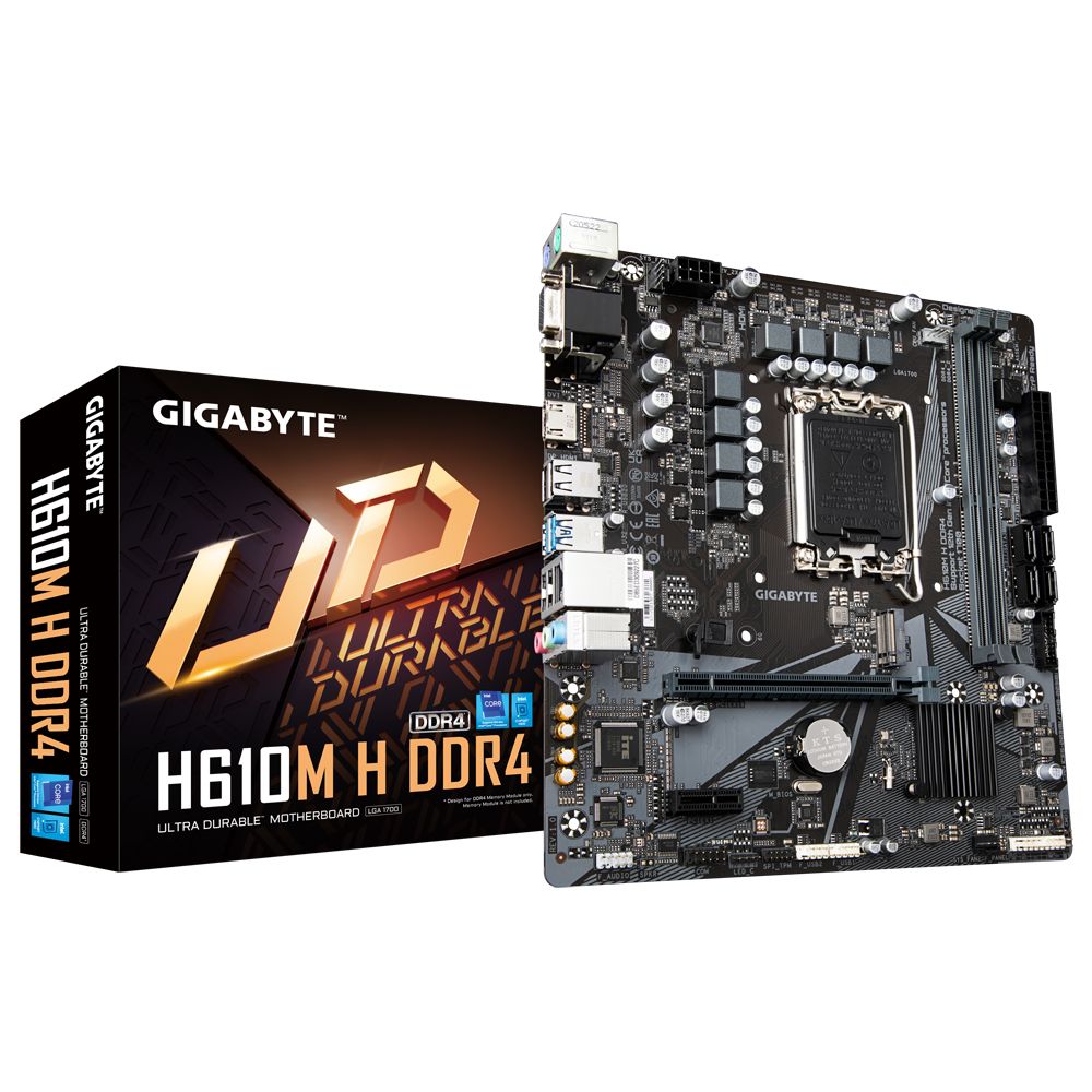 Материнская плата Gigabyte H610M H DDR4, Socket 1700, Intel®H610, 2xDDR4-3200, D-SUB+HDMI, 1xPCI-Ex16, 1xPCI-Ex1, 4xSATA3, 1xM.2, 8Ch Audio, GLan, (4+4)xUSB2.0, (2+2)xUSB3.2, 2xPS/2, mATX, OEM {10} (830465)