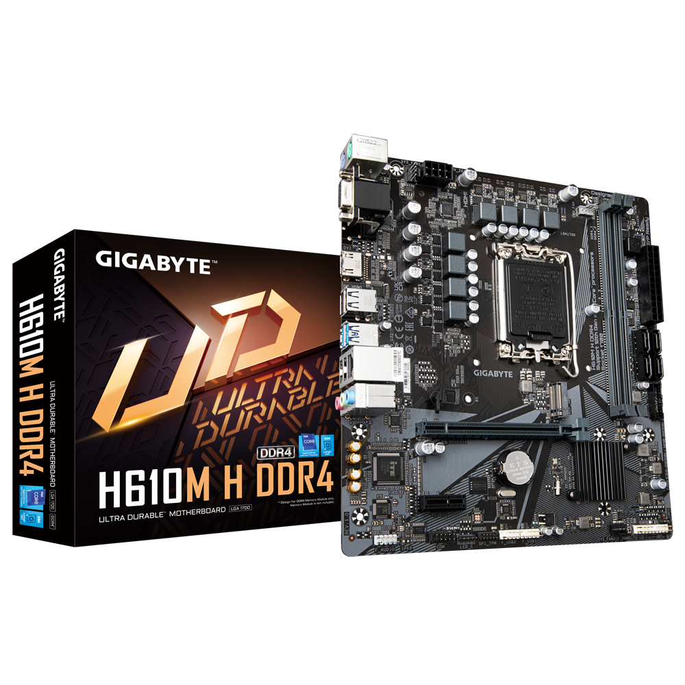 Материнская плата Gigabyte H610M H DDR4, Socket 1700, Intel®H610, 2xDDR4-3200, D-SUB+HDMI, 1xPCI-Ex16, 1xPCI-Ex1, 4xSATA3, 1xM.2, 8Ch Audio, GLan, (4+4)xUSB2.0, (2+2)xUSB3.2, 2xPS/2, mATX, OEM {10} (830465)