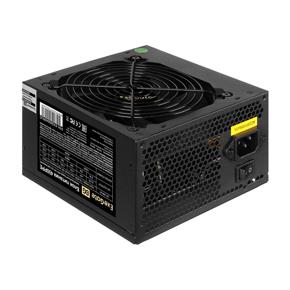 Блок питания Exegate БП 450W ExeGate 450PPE ATX, APFC, PC, 12cm fan, 24p, (4+4)p, PCIe, 5SATA, 3IDE, FDD, black OEM {10} (102262)